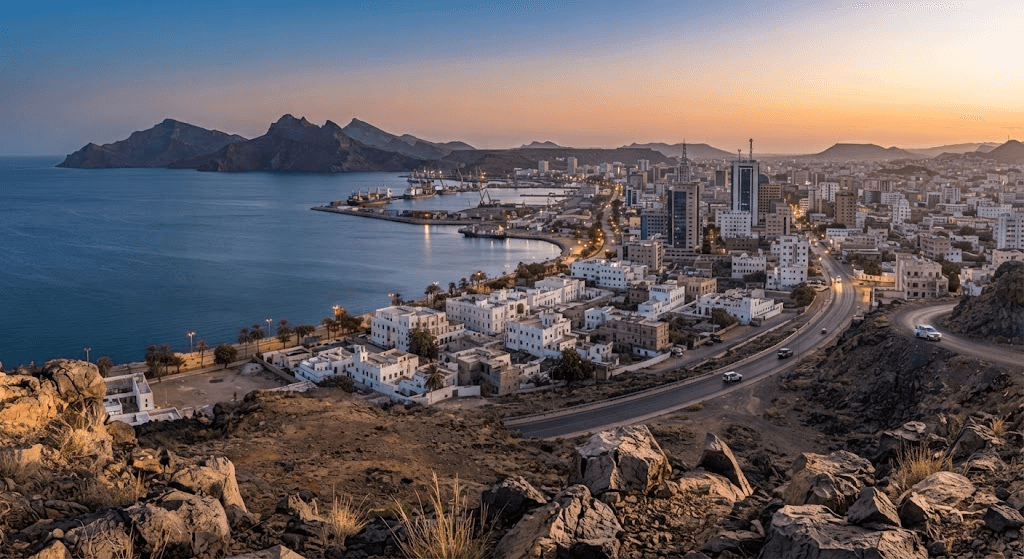 La ville de Djibouti au crépuscule, vue depuis les hauteurs